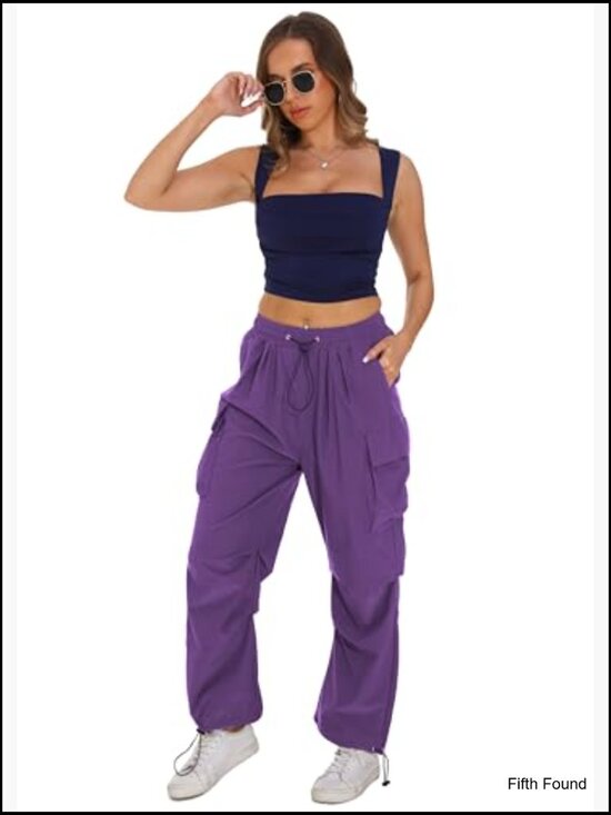 Women's Baggy Cargo Pants High Waist Wide Leg Hiking Trousers Loose Fit - Picture 6 of 7